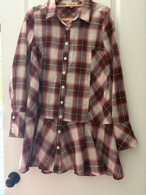 Plaid Button-Down Shirt Dress in Burgundy and Cream NWOT Medium